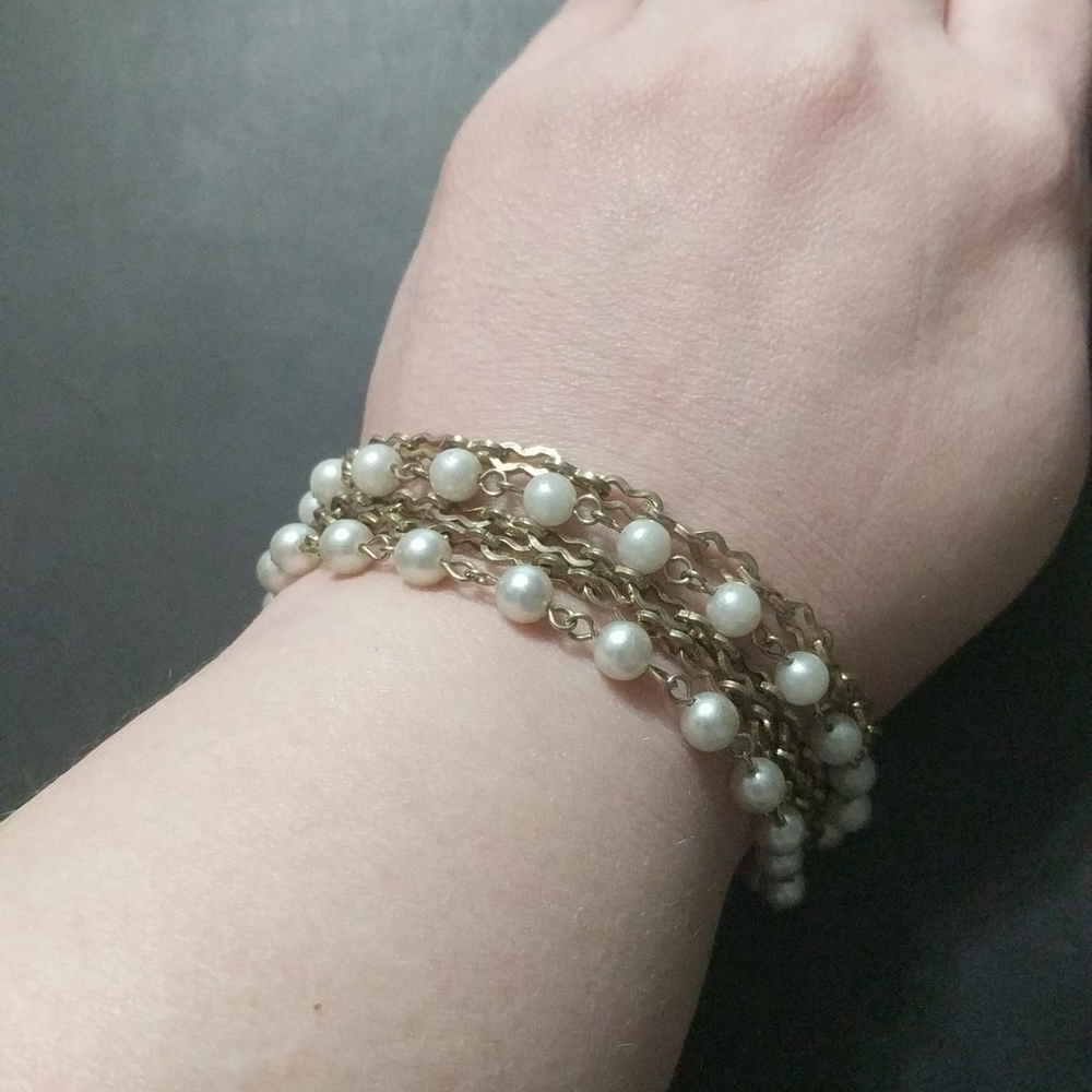 Vintage Coro Gold Tone and Faux Pearl Multi Strand Statement Bracelet